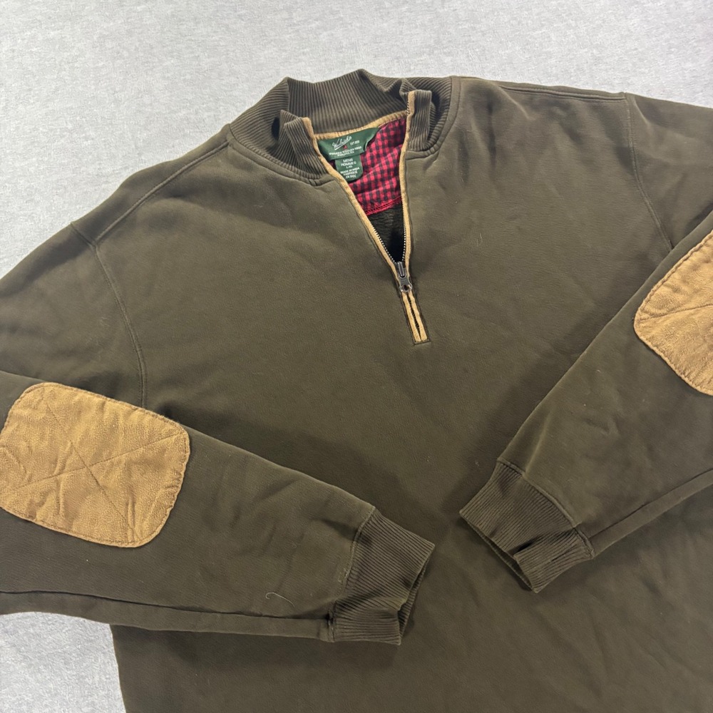 Woolrich Mens Large Olive Green Quarter Zip Pullover Sweatshirt Elbow Patches